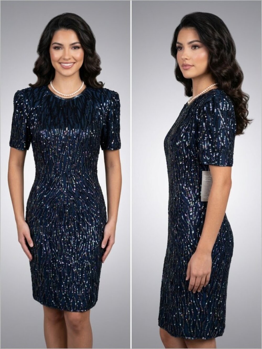 Stenay VTG 100% Silk Blue Black Beaded Formal Night Dress - Size 10